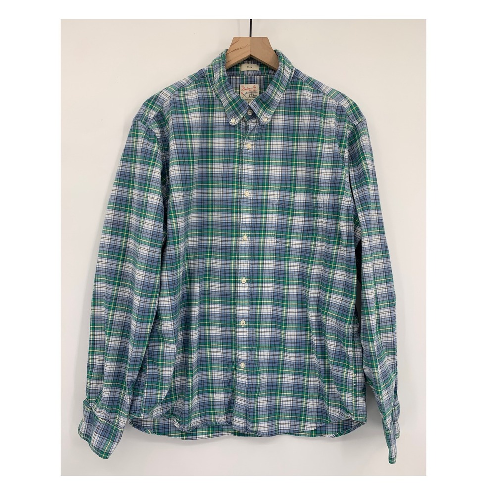 J Crew Broken In Oxford Shirt Mens XL Blue Green Plaid Slim Fit OCBD